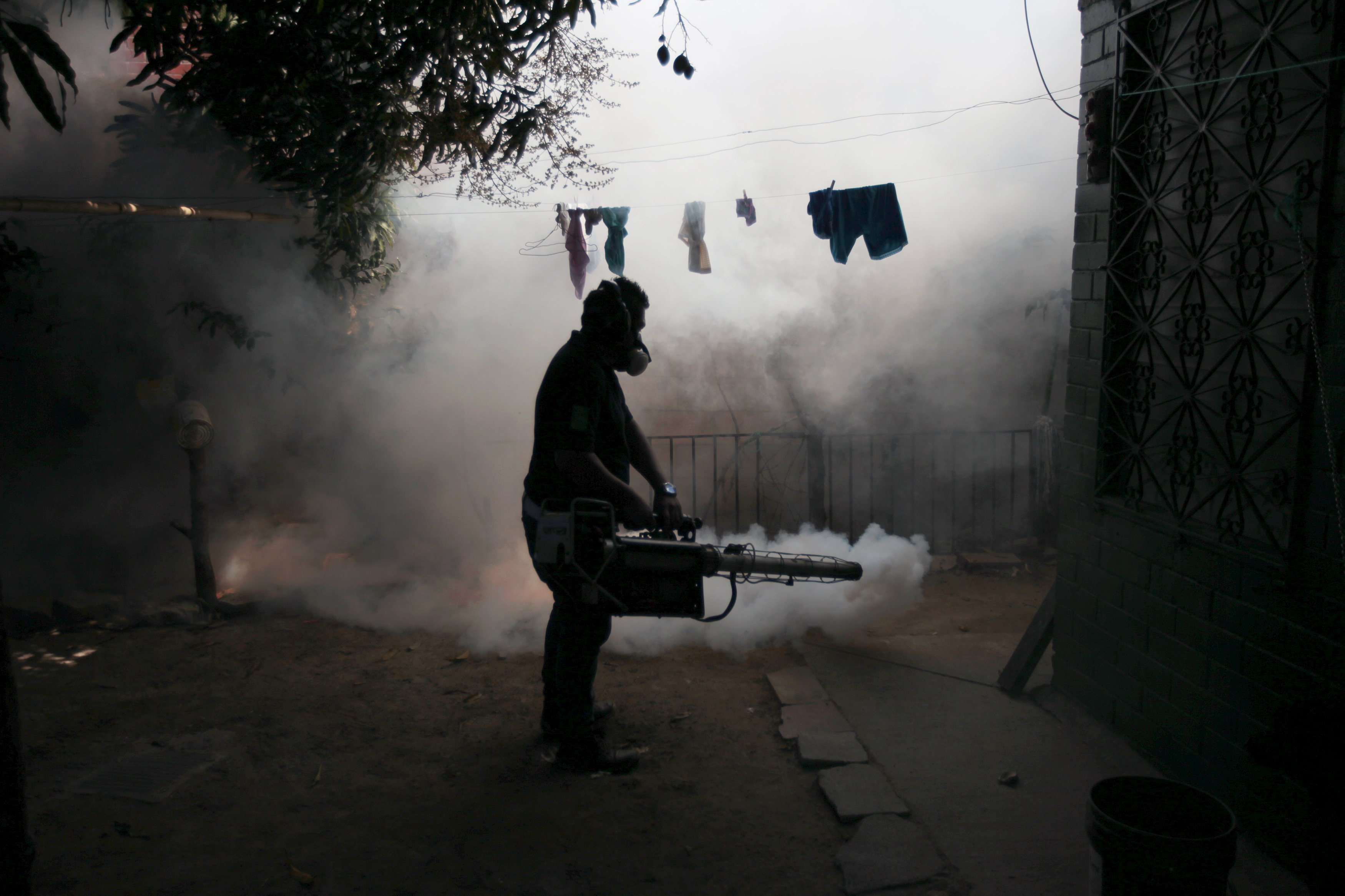 A health worker fumigates the Altos del Cerro neighbourhood as part of preventive measures against the Zika virus and other mosquito-borne diseases in Soyapango, El Salvador
