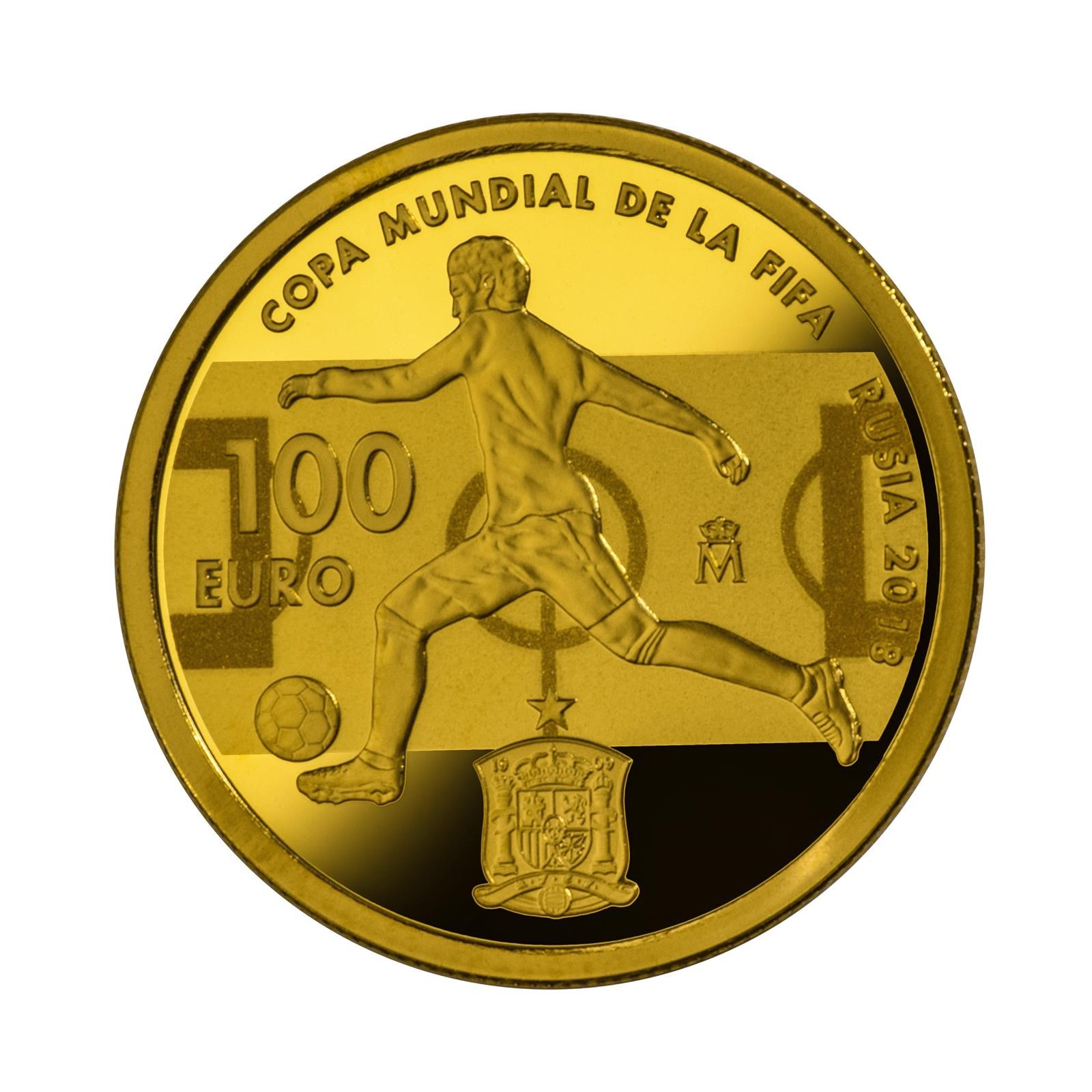 Gold spain. Золотые монеты ФИФА 2018. Монета футбол 2018 золото. Золотая монета Чемпионат мира по футболу 2018. Монета 100 евро.